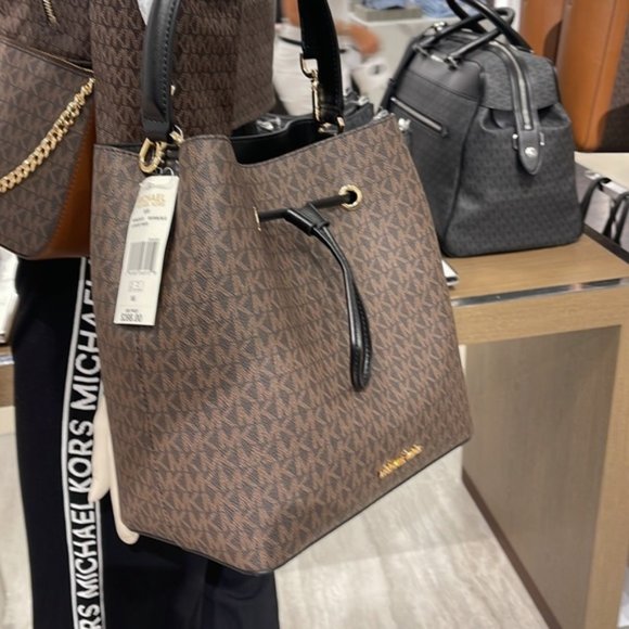 Michael Kors Handbags - Michael Kors Suri Large Logo Bucket Drawstring Bag MK Brown Black Multi